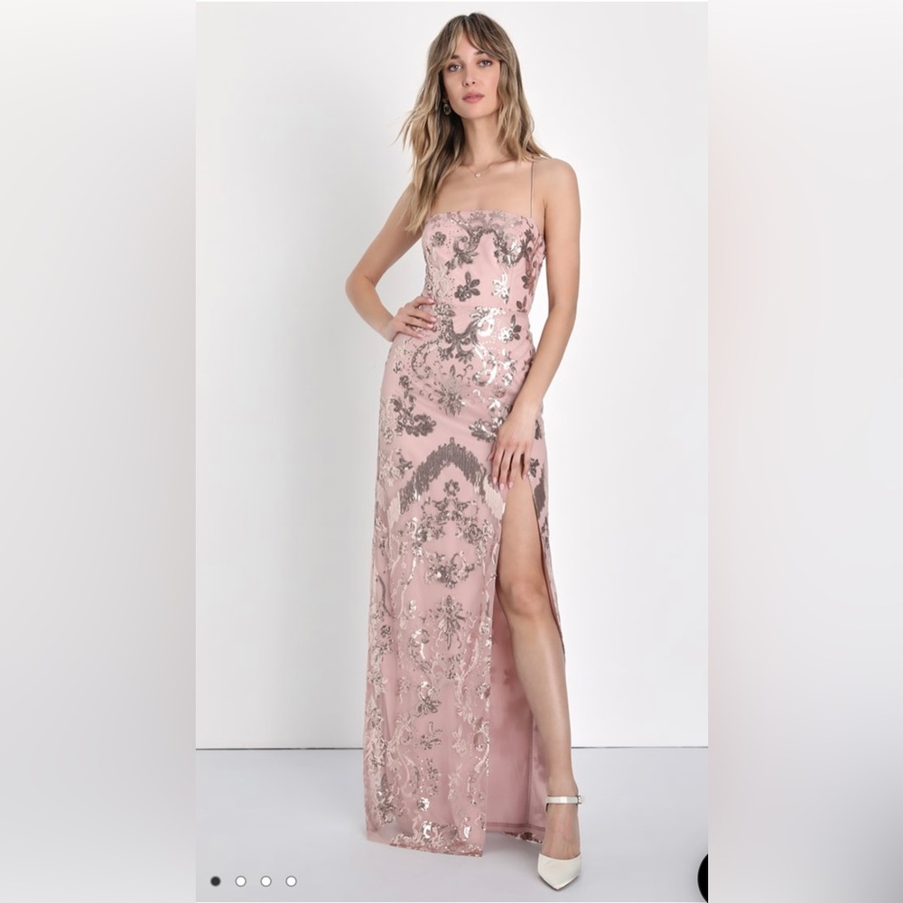 Dusty Rose Sequin Lace-Up Maxi Dress